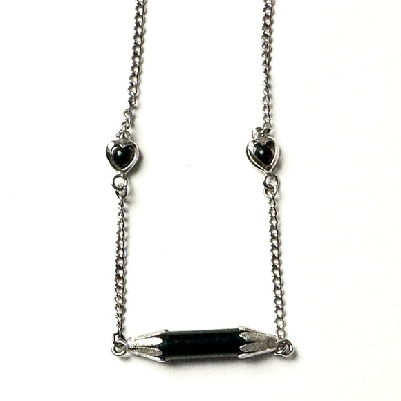 None Jewelry - Onyx Silver Chain Necklace Bar & Heart Accents